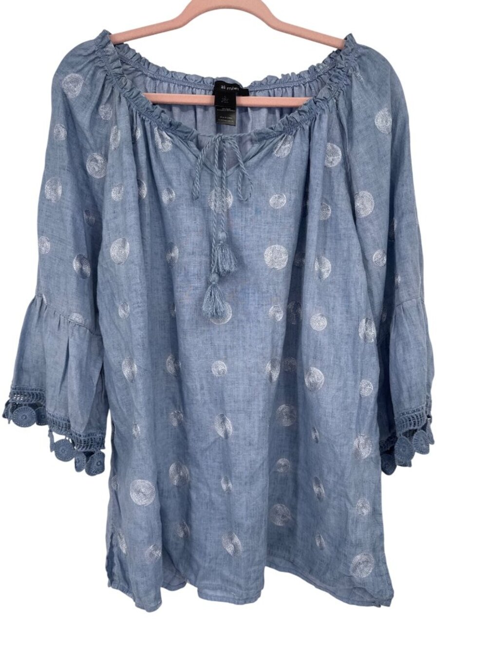 Ali Miles Womens Blue Linen Tunic Top With Embroidery bell Sleeves Large